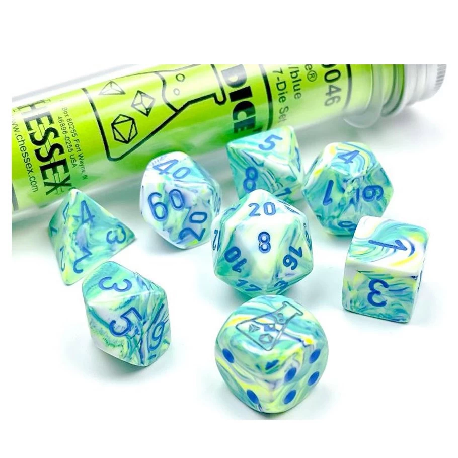 Chessex Lab Dice: 7-Set Tube - Festive Garden/Blue 3 Chessex Lab Dice: 7-Set Tube - Festive Garden/Blue